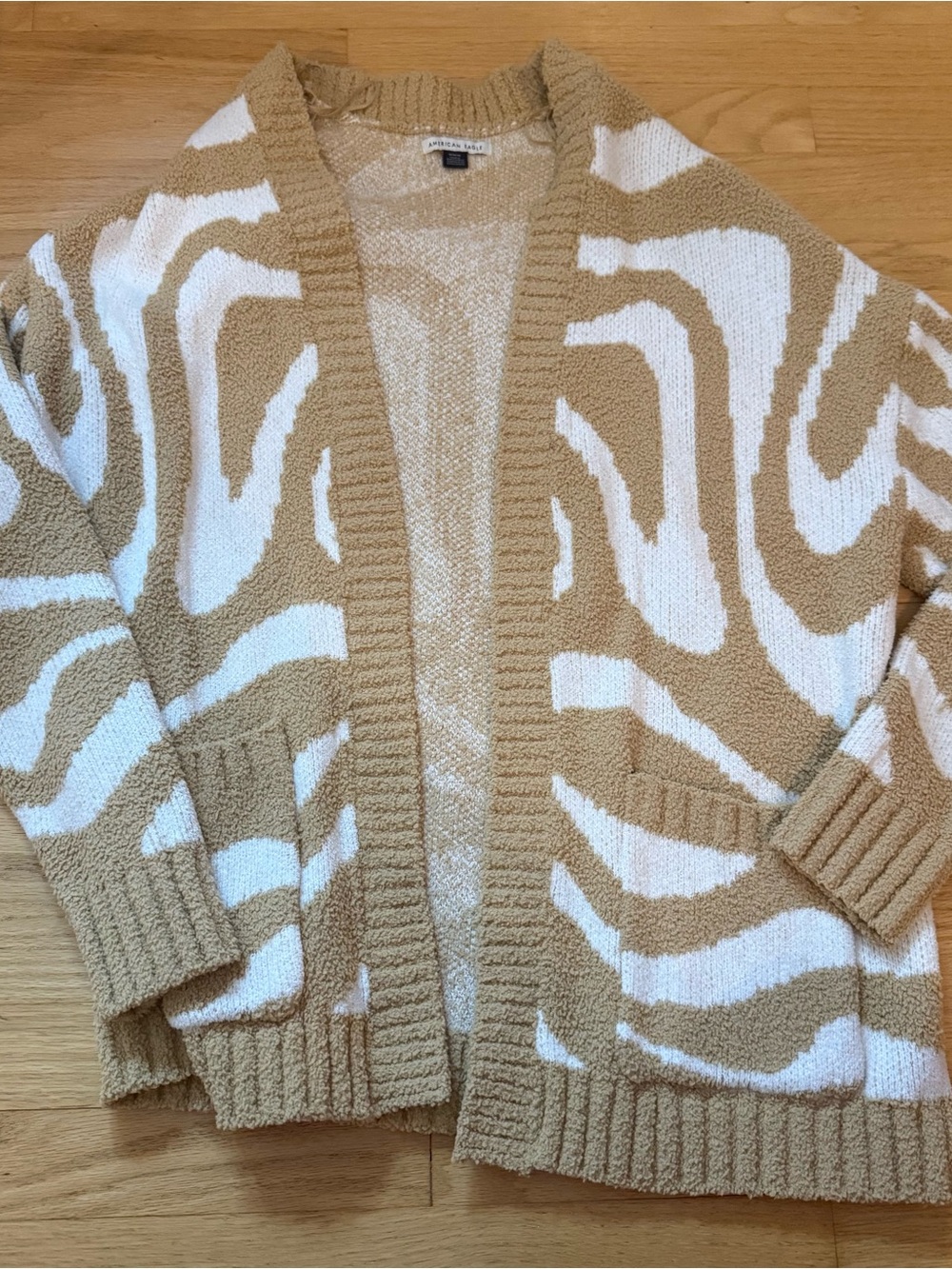 American Eagle Outfitters Beige and White Zebra-Print Open Cardigan